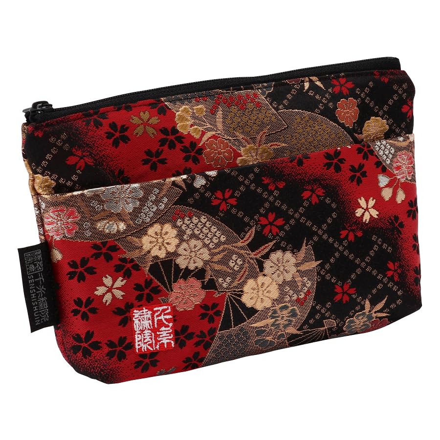 Senshishuin Nishijin Brocade Pouch with Red Fan Cherry Blossom Design (with Lining) (Small)