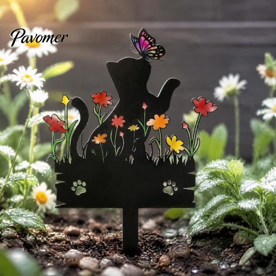 Acrylic Cat Silhouette Decor Kitten Garden Stake, Decorative Yard Sculpture with Flowers And Outdoor Lawn Ornament Butterflies, Waterproof Art