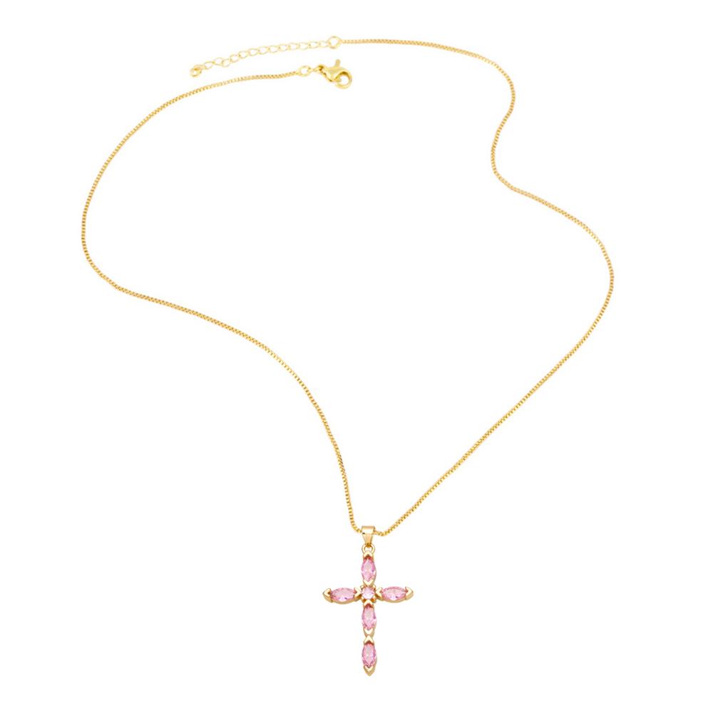 FLOLA Simple Pink Crystal Cross Necklaces for Women Gold Plated Box Chain Amulet Necklaces Christian Jewelry nkeb194