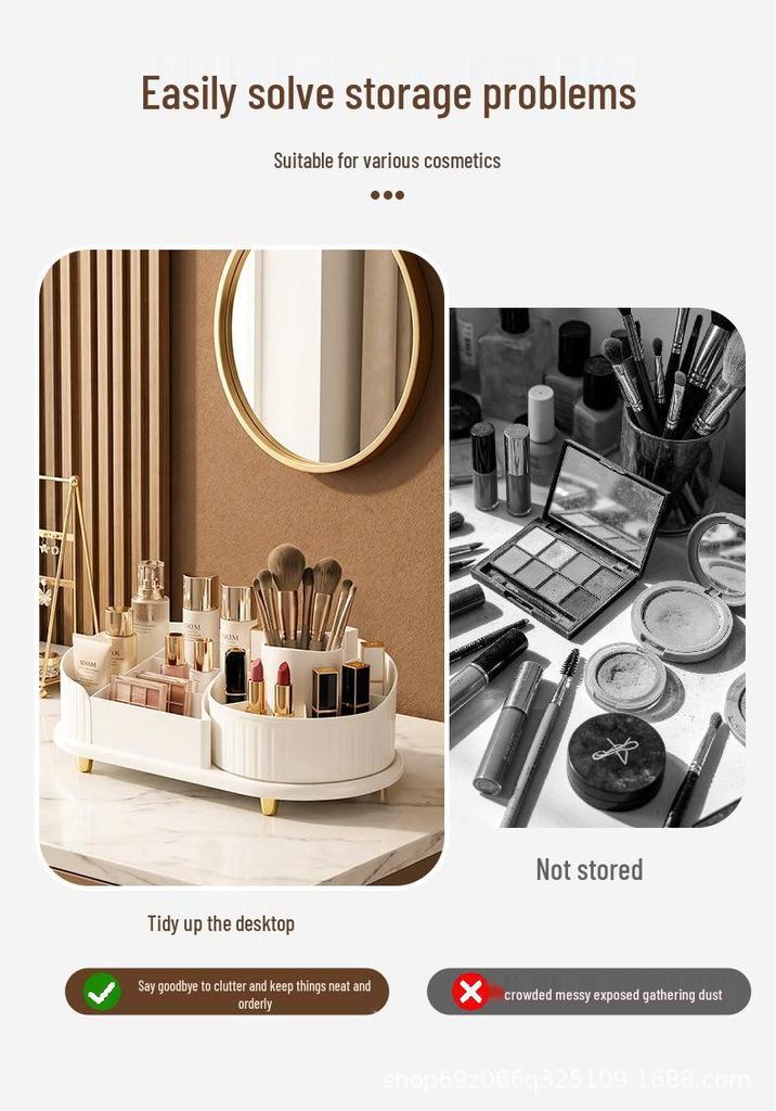 360° Rotating Makeup Organizer with Large Compartments for Lipstick, Brushes, and Skincare Products.