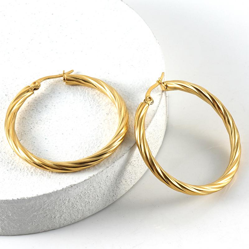 18K Stainless Steel Twisted Hoop Earrings for Women - European American Fashion, Simple Titanium Style