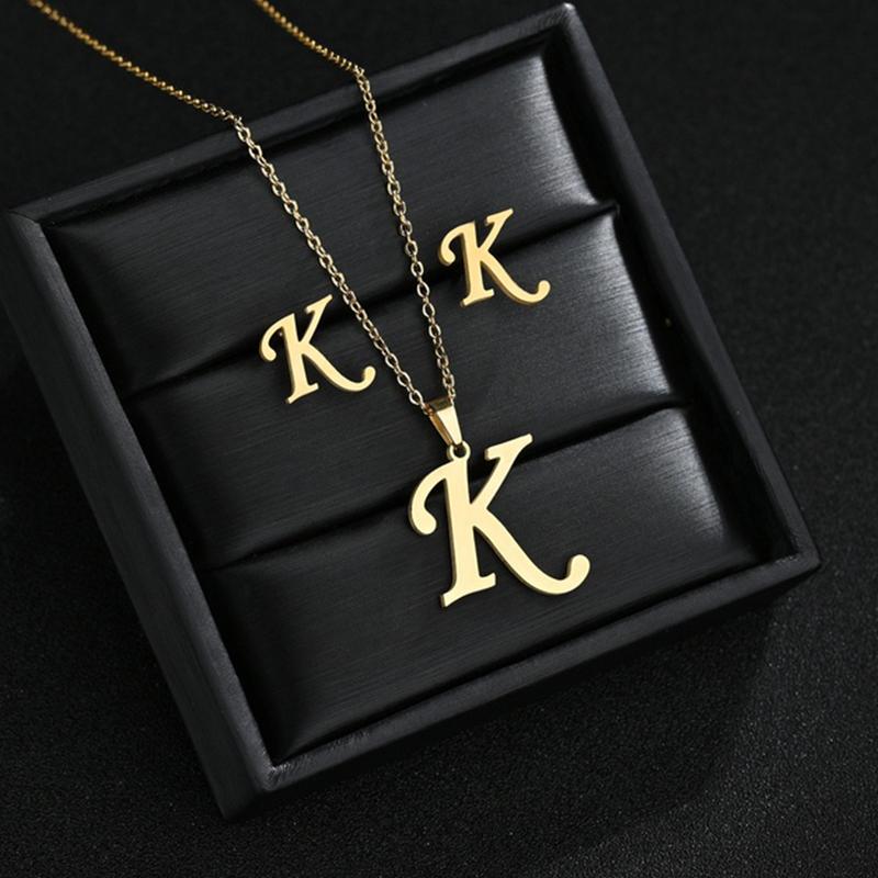 Fashion Stainless Steel A-Z Alphabet Initial Necklace 26 English Letter Earrings Necklace For Women Set Personalize Jewelry Gift CLE