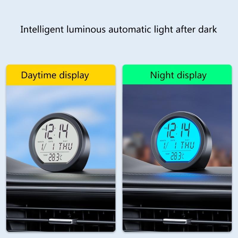 Car Digital Clock Solar Powered Date Week Clock with Temperature Display Automotive Dashboard Round Clock