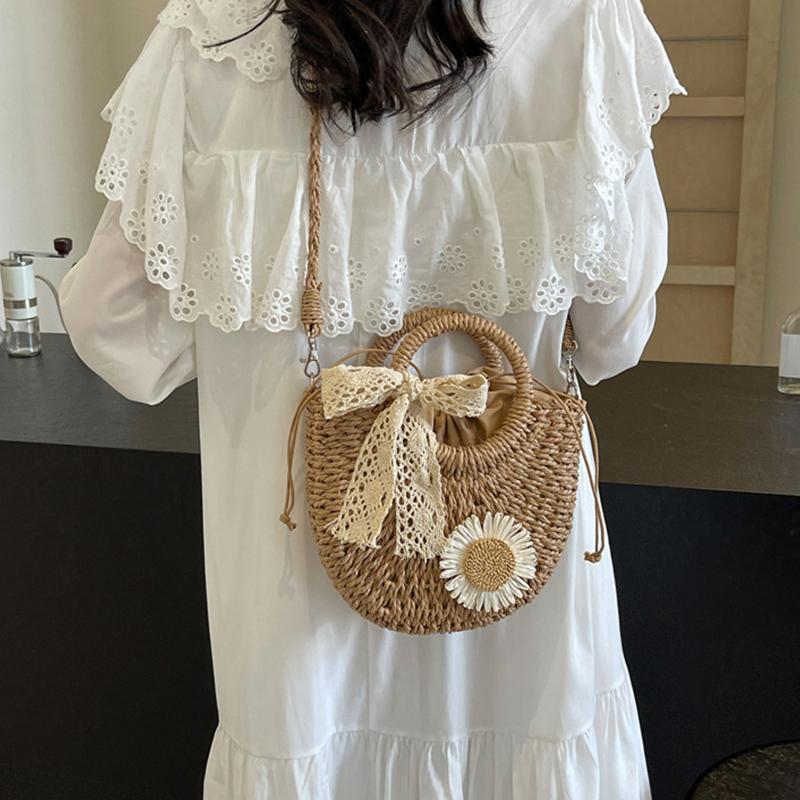 

Женская плетеная соломенная сумка через плечо из ротанга, пляжная сумка в форме полумесяца, маленькая летняя сумка через плечо с вырезом