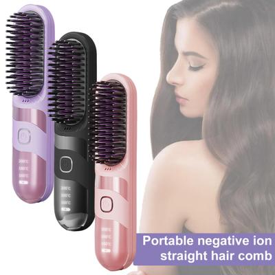 Cordless Hair Straightener Brush 3 Temperature Modes Adjustable LED Display Fast Heating Portable Travel Electric Hot Brush Curly Hair Styling Comb