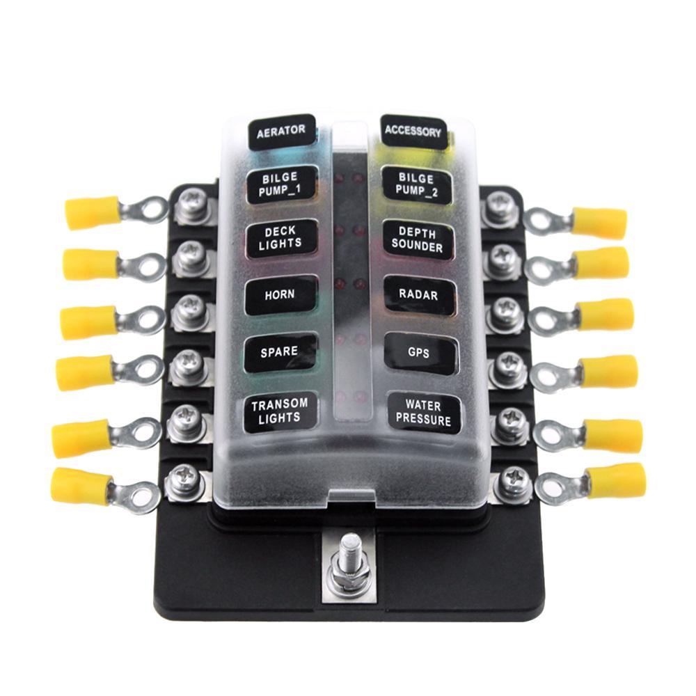 12-fach Flachsicherungshalter Sicherungsblöcke mit roter LED-Anzeige 10 Stück Sicherungen 10 Stück Klemmen für Auto Boot Marine Wohnwagen