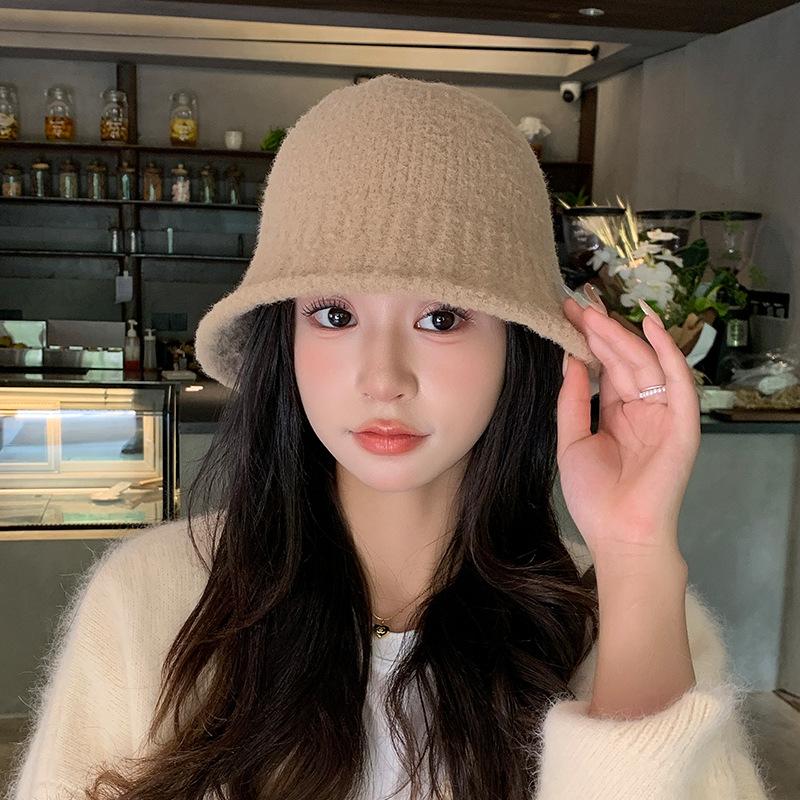 Hat Women'S Winter Japanese Simple Bucket Hat Versatile Face Small Warm Knitted Basin Hat Plain Face Covering Bucket Hat