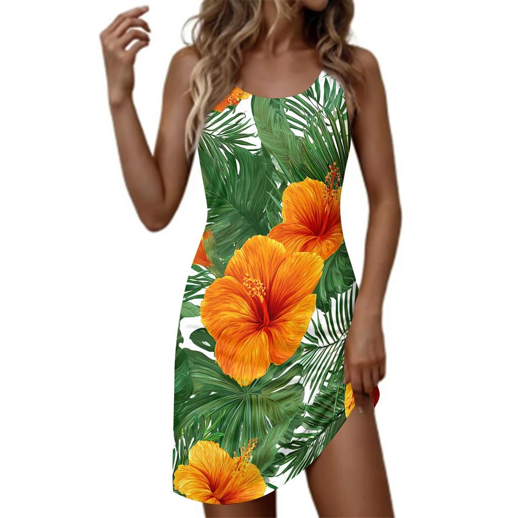 Women's Fashionable Casual Hawaiian Print Round Neck Sleeveless Dress