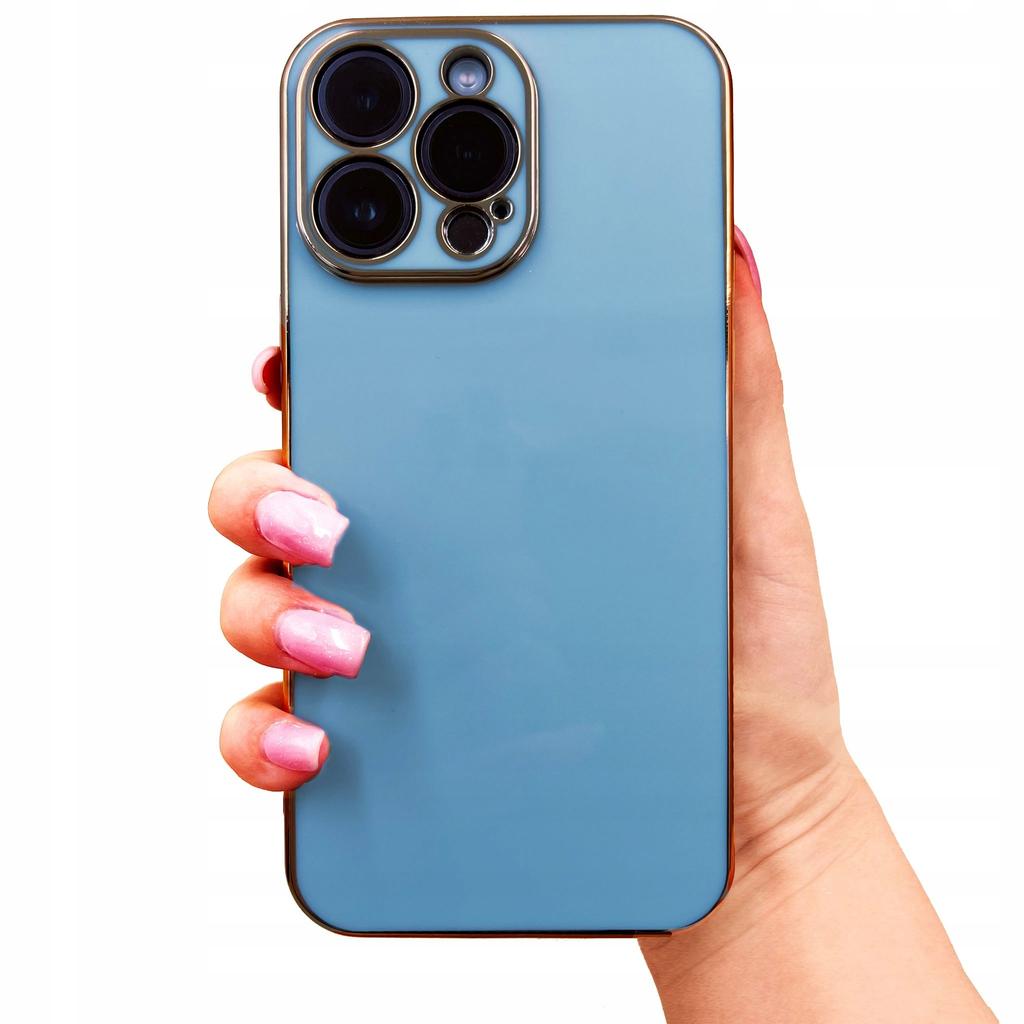 CASE for IPHONE 13 PRO GLAMOUR CASE BLUE COVER GOLD FRAME + 9H GLASS