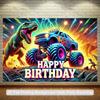 2D planar drawing, dinosaur truck birthday banner - Dinosaur and Monster Truck, Heavy Machinery Theme