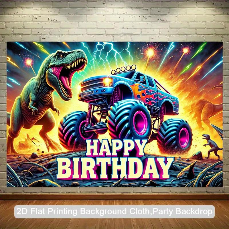 2D planar drawing, dinosaur truck birthday banner - Dinosaur and Monster Truck, Heavy Machinery Theme