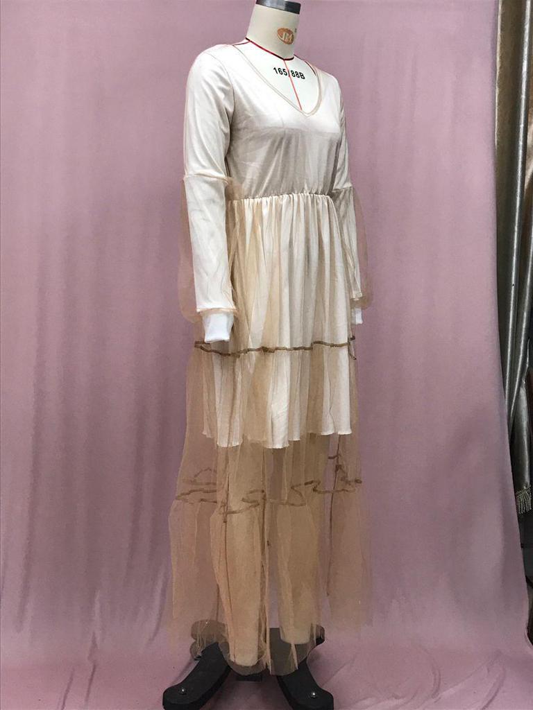 2025 Summer European & American Women's V-Neck Mesh Puff Sleeve See-through Maxi Dress