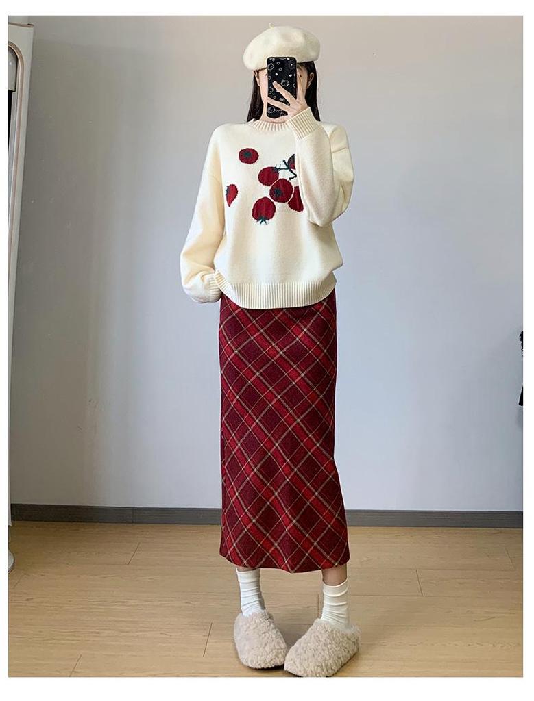 Roter Retro-Woll-Karo-Rock mit Schlitz - Herbst/Winter Beflockter, formender Hüftwickelrock