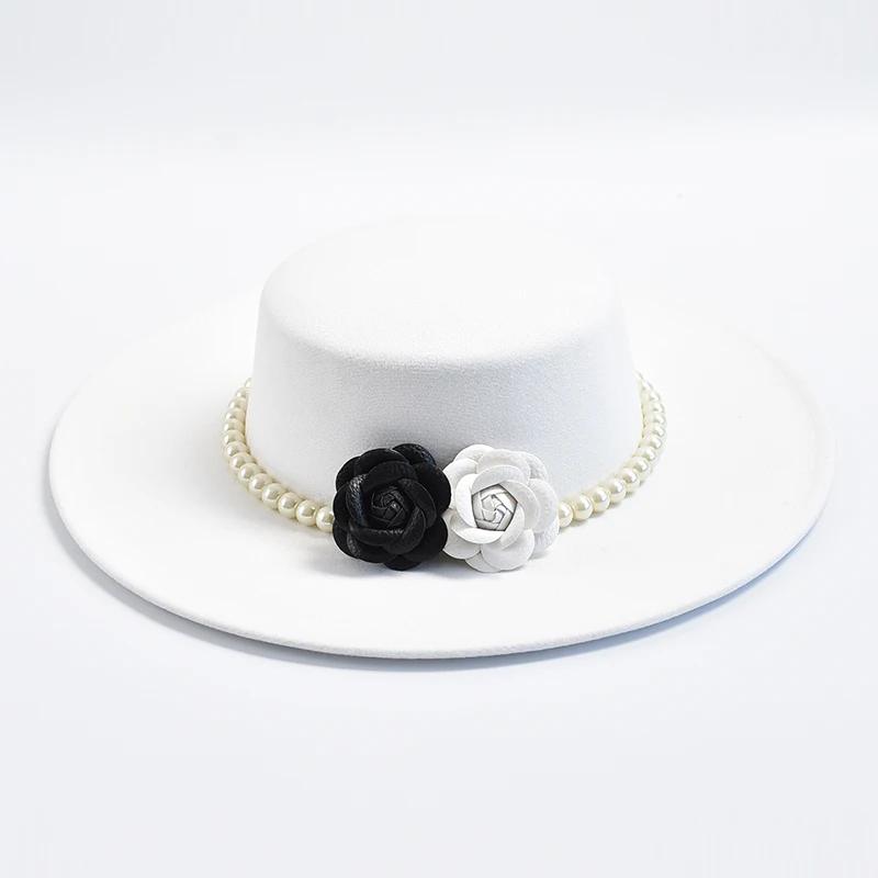 French Style Fedora Hat for Women 10CM Wide Brim Flat Top Felt Hat Winter Autumn Derby Wedding Jazz Hats