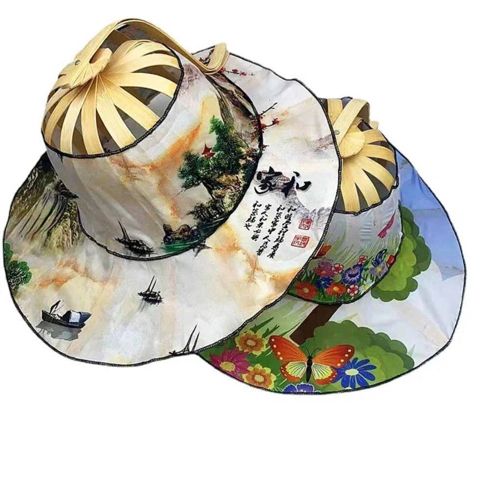 Floral Printed Fan Sun Hats Foldable Bamboo Sunscreen Cap Women Sunhat Folding Fan Hat  for Travel