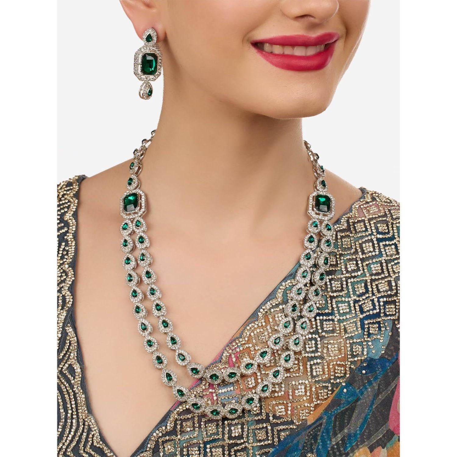 Green Stones Dazzling Austrian Diamonds Contemporary Layered Necklace & Earring Set For Women