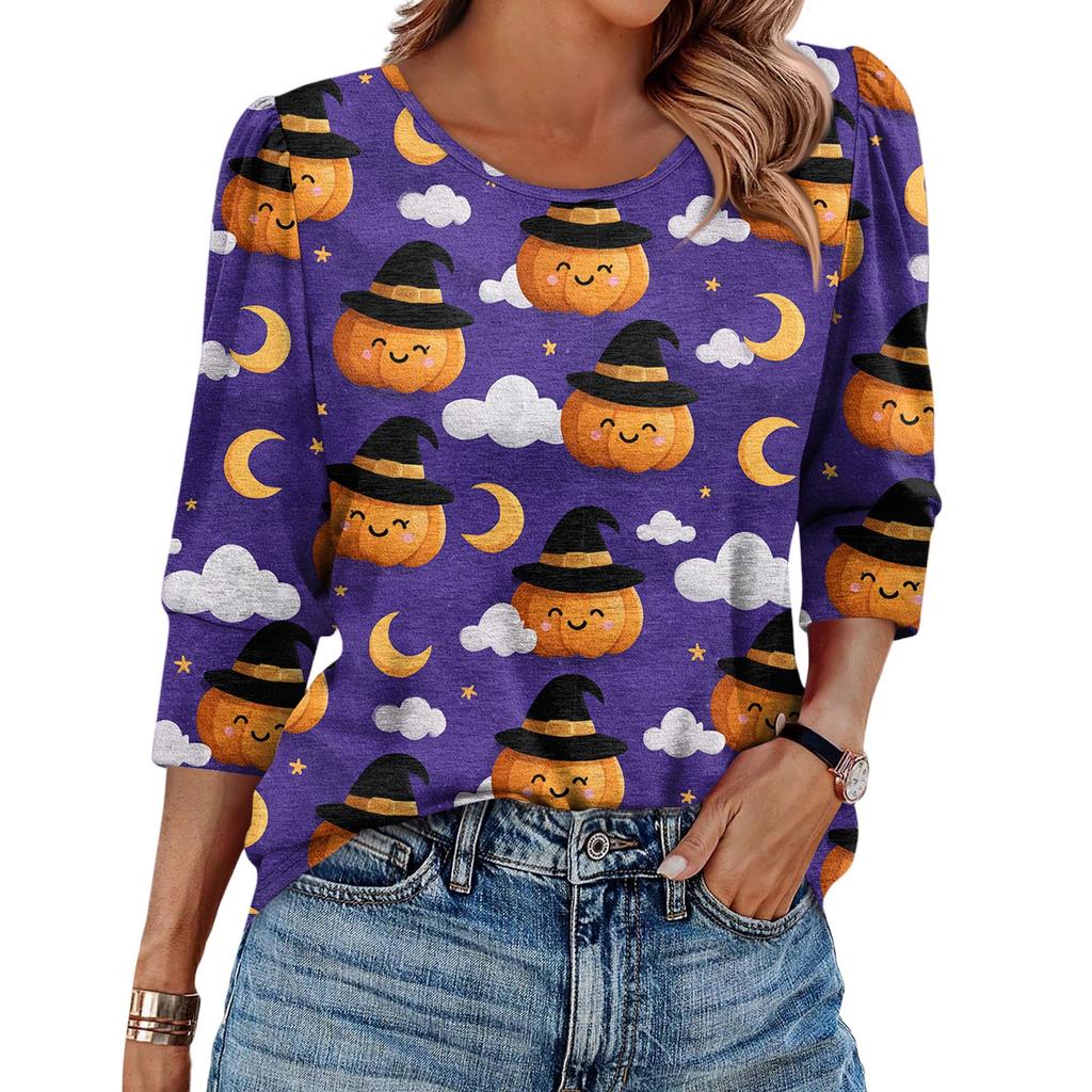 Damen Modisches Lässiges Rundhals Siebenviertelärmel Halloween Bedrucktes Puffärmel Oberteil