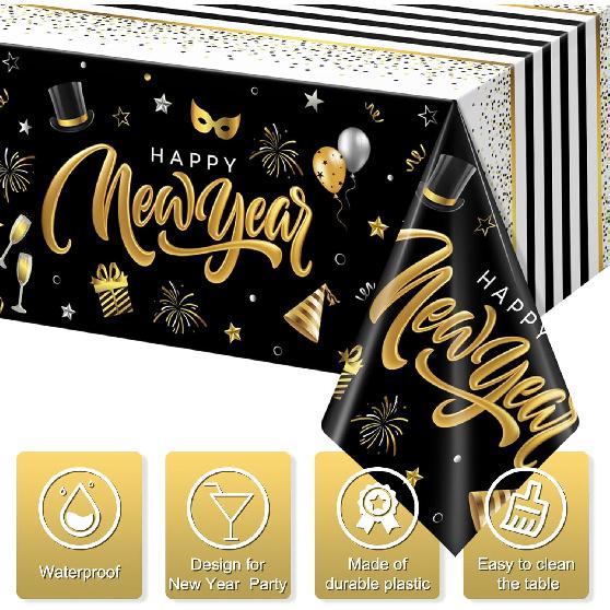 Hallswl 1 Pieces Happy New Year Tablecloths Black Gold Plastic Disposable Table Cloth Rectangle New Year Table Cover for 2026 New Years Eve Party
