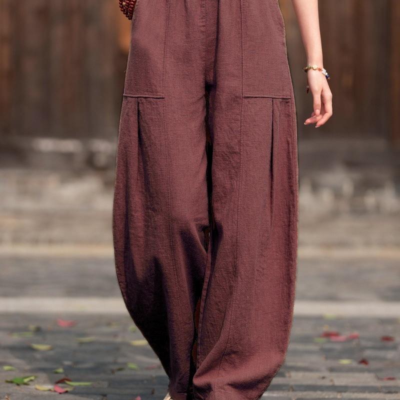 

Johnature Women Vintage Ramie Cotton Harem Pants Solid Color Patchwork Pockets Trousers Elastic Waist Loose 2025 New Pants 5XL червоний