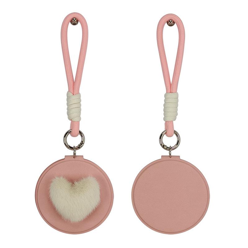 Heart Shape Pom Pom Mirror PU Leather 85mm Round Folding Double-Sided Portable Compact