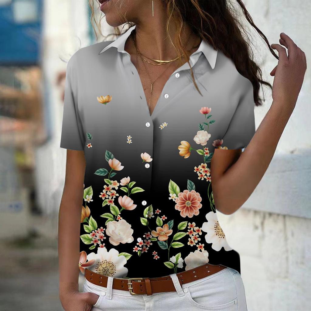 2025 Summer New Fashion Women's Flower Printed Short Sleeve V-neck Casual Button-down Shirt Top