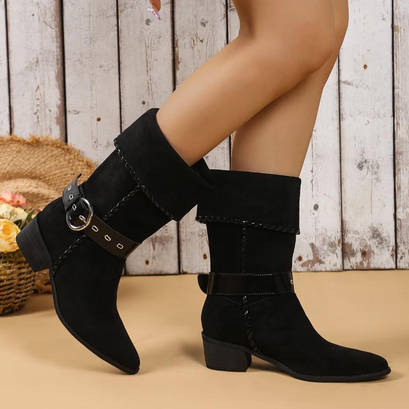 Fashion Pile Boots Women's Summer 2025 New Vintage Pointed Toe Suede Studded Metal Buckle Square Heel Mid-Tube Knight Boots