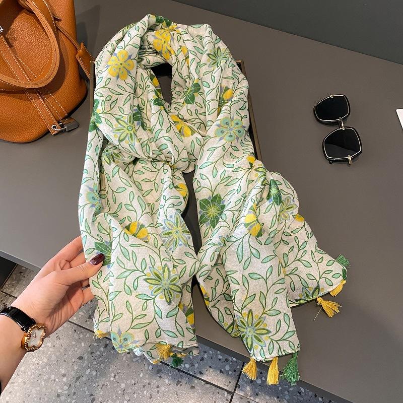 Spain Luxury Fashion Floral Dot Tassel Viscose Shawl Scarf High Quality Wrap Thin Pashmina Stole Bufandas Muslim Hijab 180*90Cm