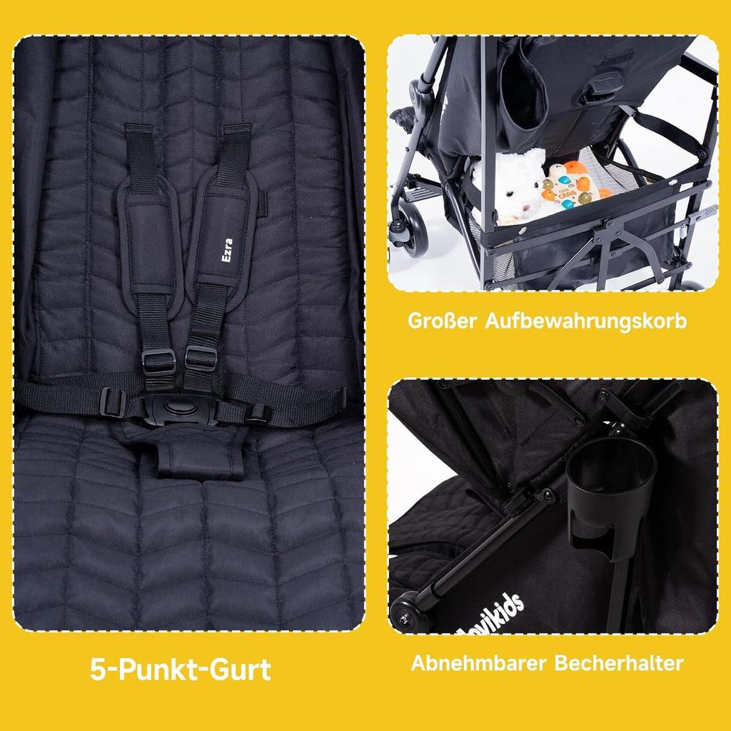 Cochecito Jovikids, Cochecito Plegable Pequeño con Función Reclinable, Cochecito de Viaje Plegable hasta 22 kg Incl. Toldo solar, funda para la lluvia y portavasos (Negro)