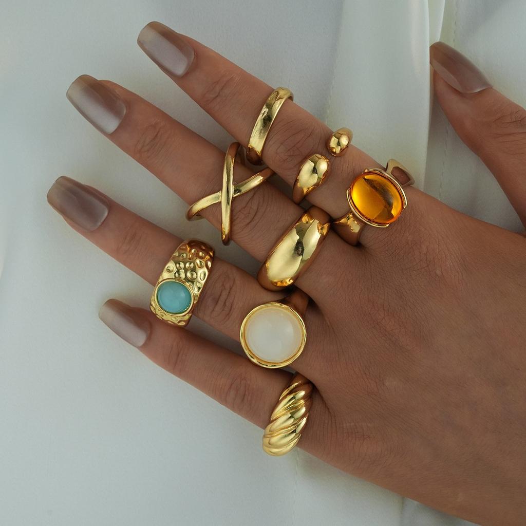 Vintage Blumen Geometrisches Ring Set Für Frauen Unregelmäßige Lavatextur Barocke Perle Edelstein Fingerringe Trendiger Statement Schmuck