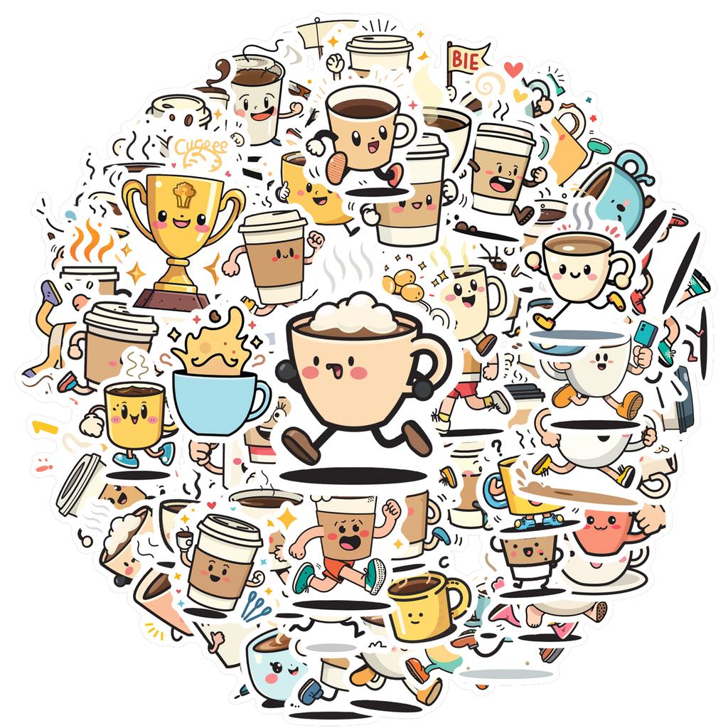 35-100pcs Cartoon Coffee Cup Stickers Waterproof Graffiti Diy For Scrapbook Laptop Water Bottles Coffee Shop Label Stickers