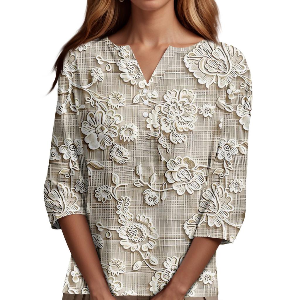 Women's T Shirt Tee Print Button 3/4 SleeveDaily Weekend Fashion Basic V- Neck Regular Top