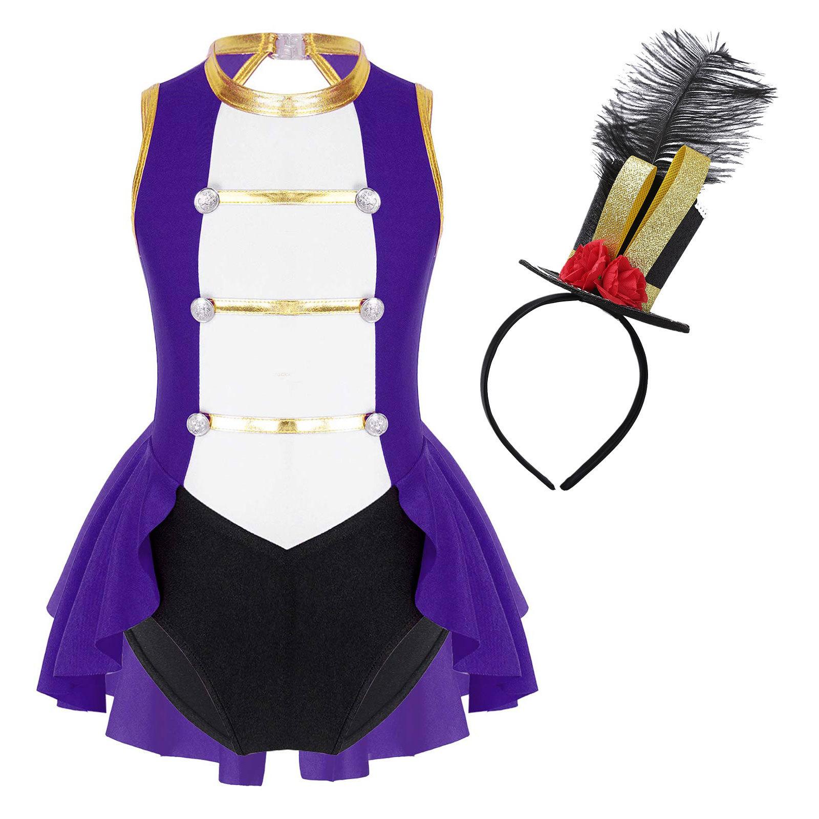 

Girls Circus Jumpsuit Sleeveless Keyhole Back Button Front Contrast Color Bodysuit Mini Top Hat Costume фіолетовий