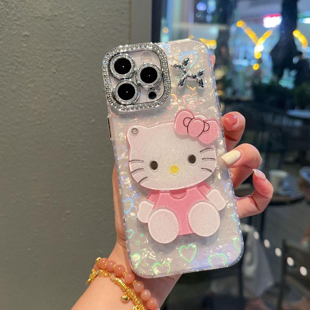 Heart Shell Dot Drilling Frame for Apple 17 Pro Max/15 Pro Phone Case with KT Cat Mirror