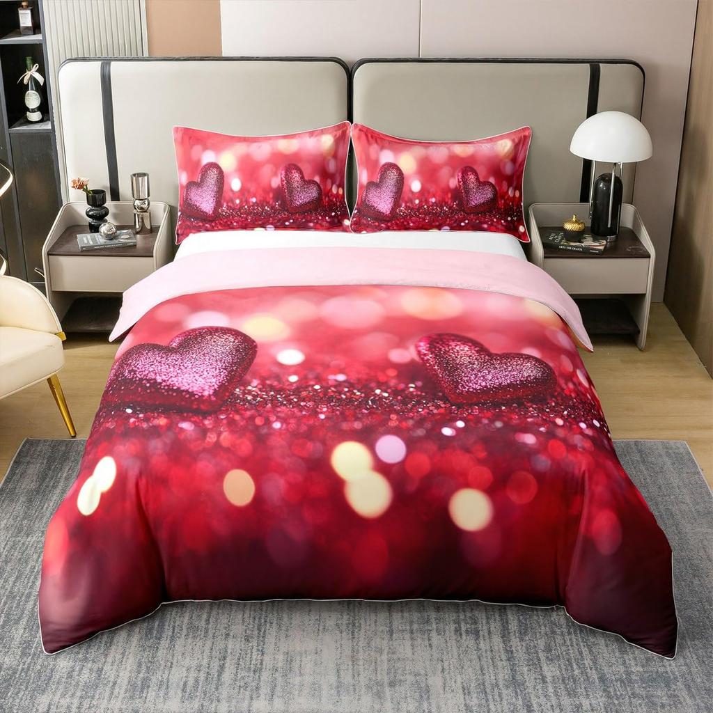 Red Hearts Soft Duvet Cover Set Quen Sized Dimensions, Red plus White Love Beding Set,Romantic Valentine Warm Comforter Cover Set,Couple Hearts Love