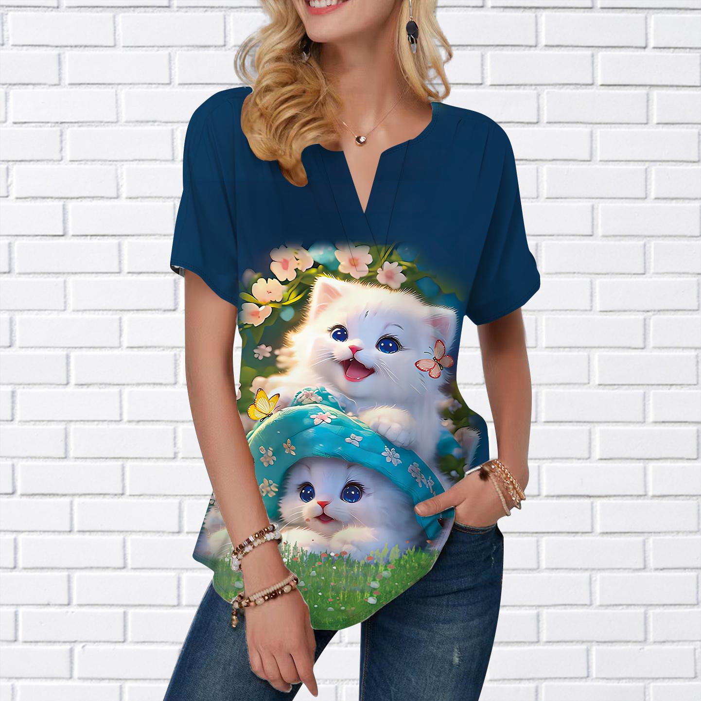 

Женская летняя футболка с цветочной корзиной и кошачьим принтом, футболки с короткими рукавами, повседневные топы с принтом, маленький v-образный вырез с короткими рукавами 8XL темно-синий