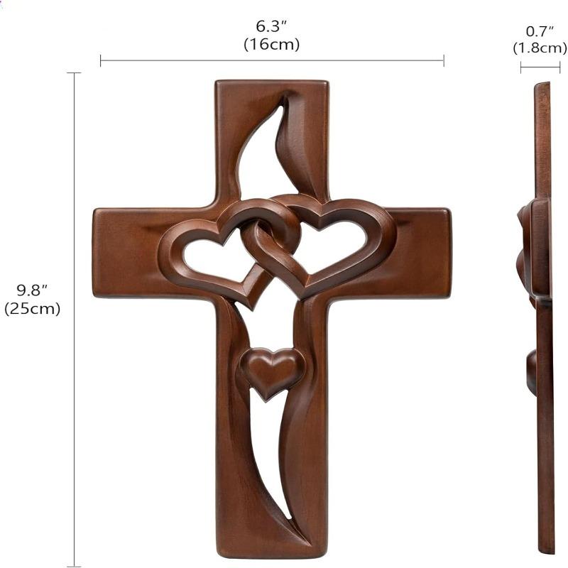 Hochzeits-Kreuz Wanddekoration, Handgefertigtes Holzkreuz mit verschlungenen Herzen, Handgeschnitzte Wandhängedeko, Valentinstags-Ostern-Hochzeitsgeschenk