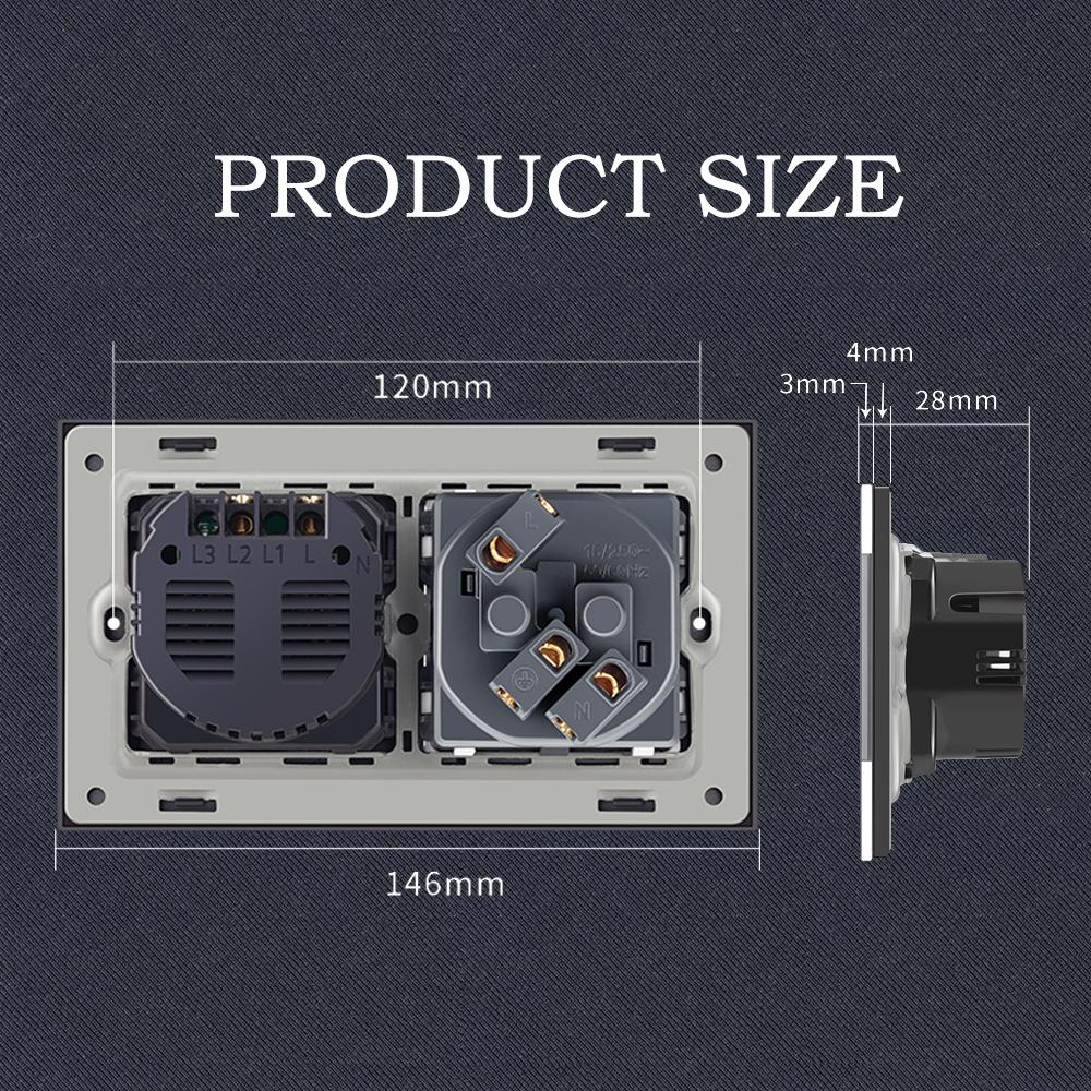 EIOMR France Touch Sensor Switch with Socket Crystal Glass Panel 110~250V 16A Wall Socket with Light Switch Home Improvement