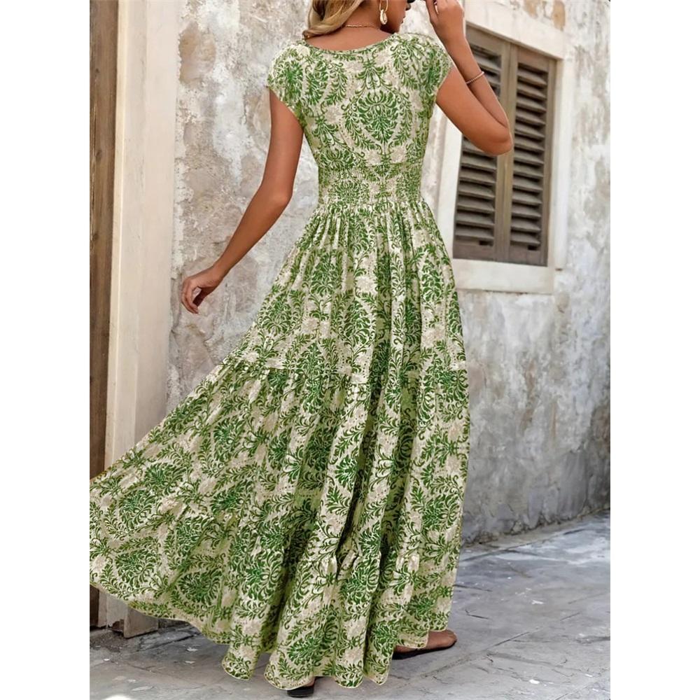 Women's short-sleeved V-neck retro printed dress Fashion elegant long dress