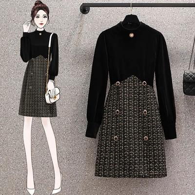 Elegant Velvet Splice Dress for Women French Style with Plus Size for Spring Autumn
