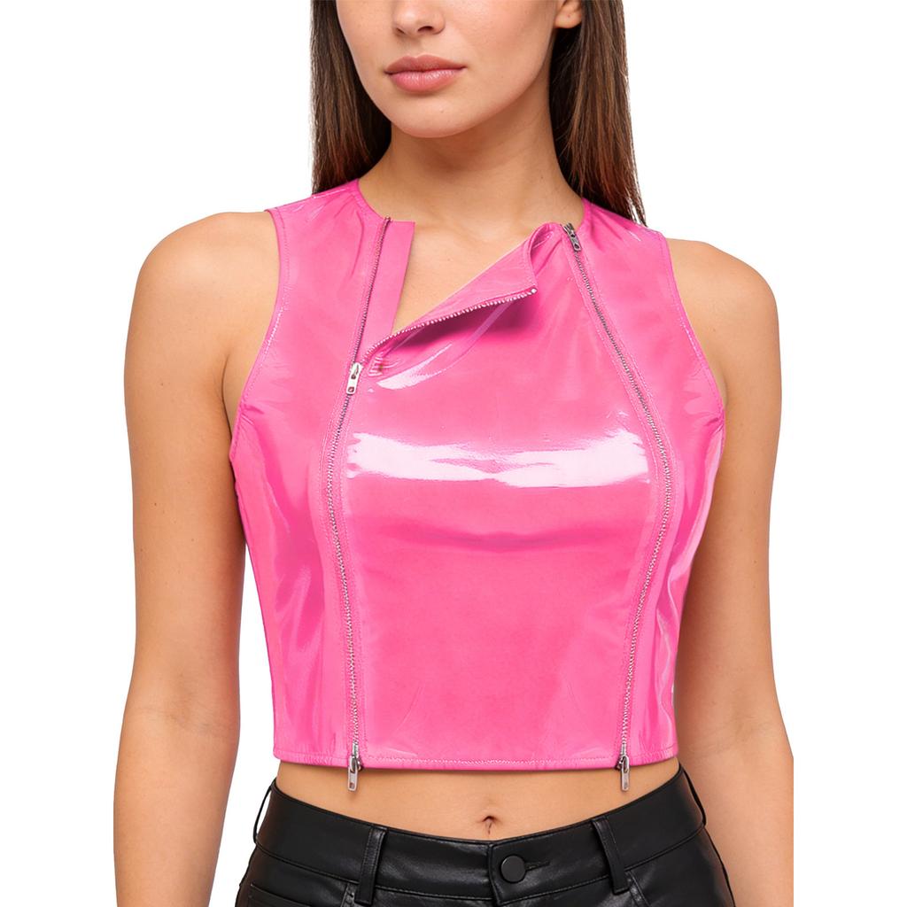 Ladies Glossy PU Leather Crop Top S-3XL Front Double Zippers Sleeveless Slim Tank Top for Club Rave Party Nightwear