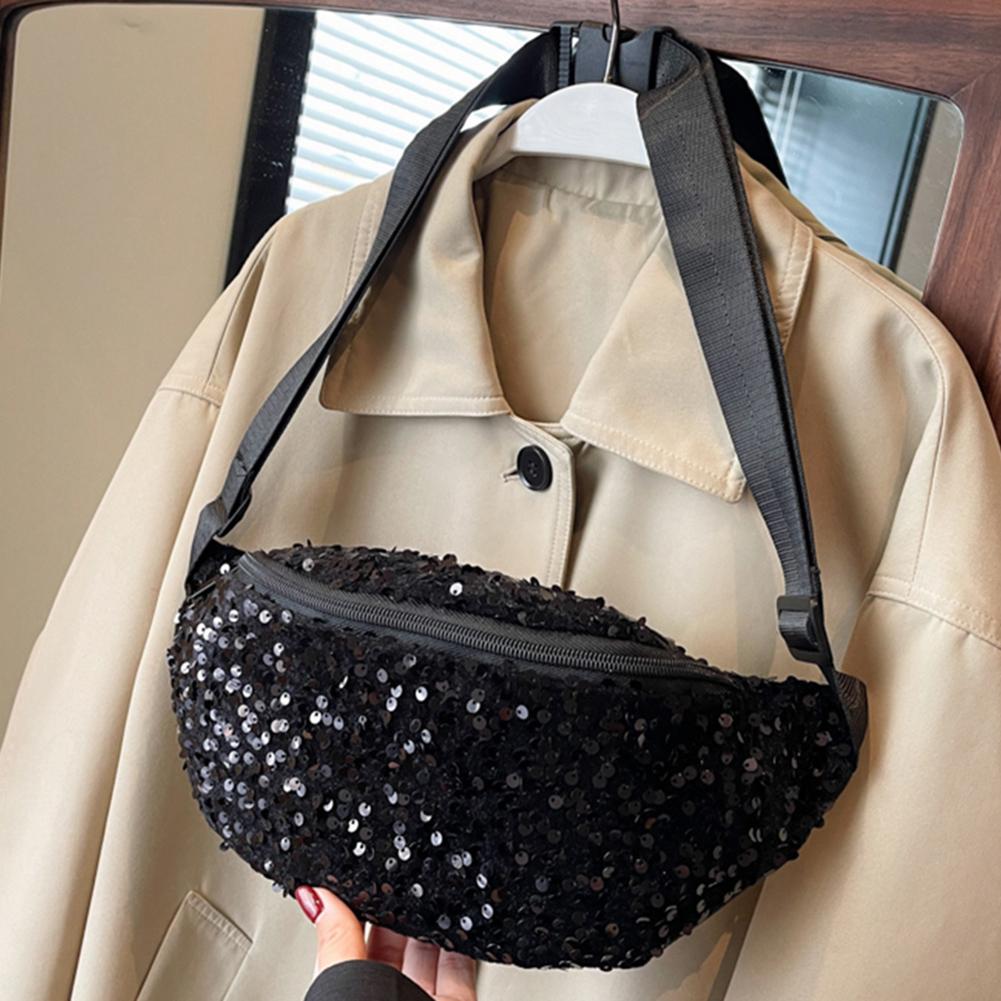 

Women Trendy Crossbody Bag PU Leather Sequin Solid Shoulder Bag Adjustable Strap Bling Ladies Commuting Bag чорний