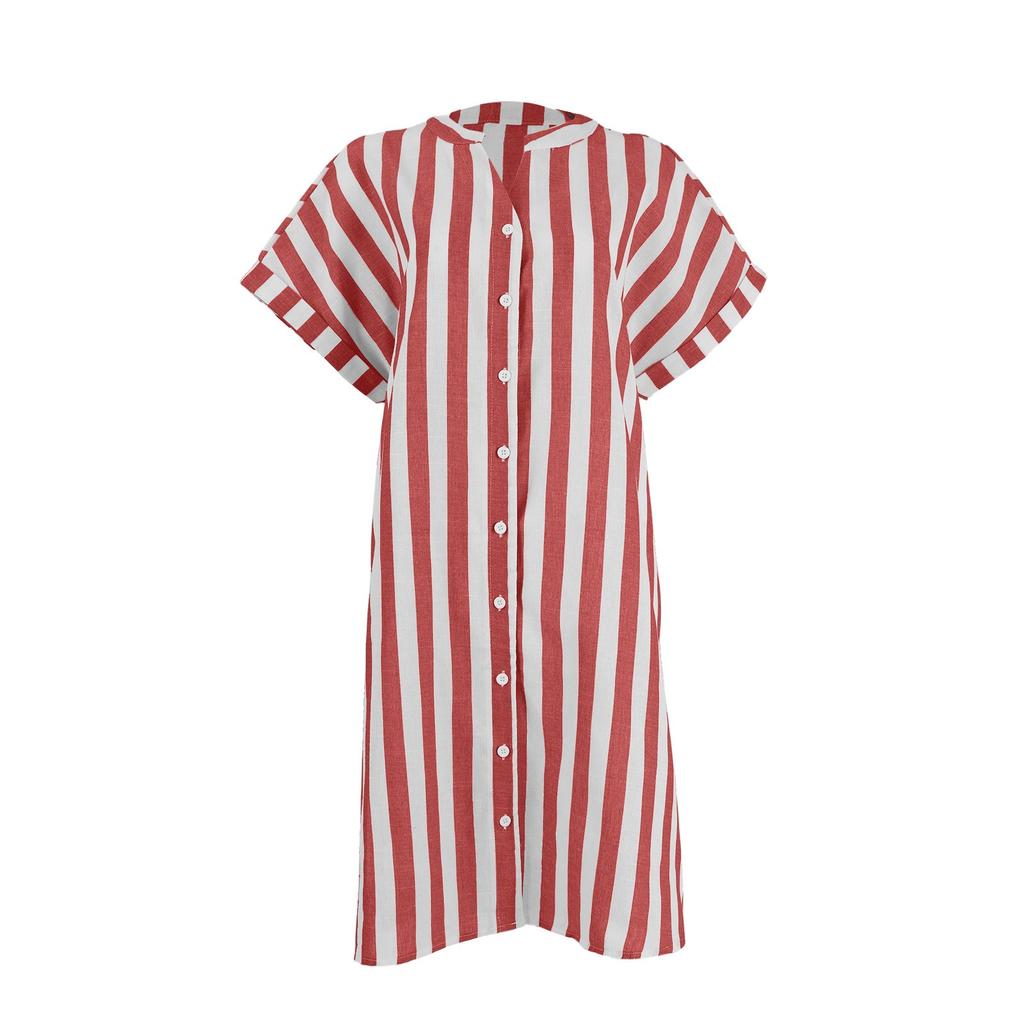 Dámské ležérní bavlněné a lněné pruhované tištěné šaty s krátkým rukávem
