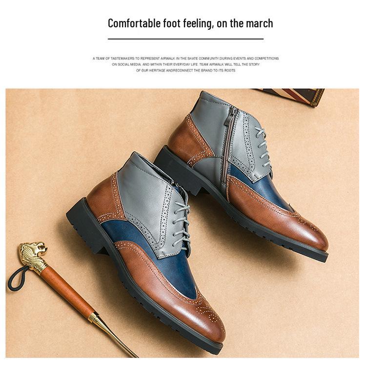 Men's High-Top Leather Brogue Shoes – British Color Block, Sizes 38-48, Casual & Business Wear