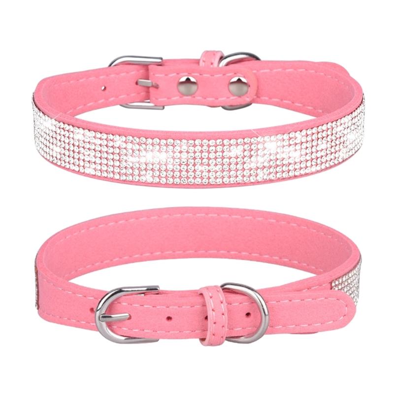 Rhinestones Dog Collar Cute Dazzling Sparkling Soft Suede- Leather Dog for Cat Rhinestones Collar Crystal-DiamondP