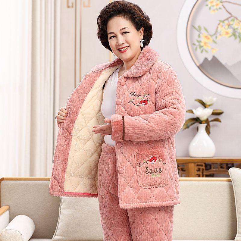 Women's Super Thick Three-Layer Velvet Pajamas - Winter Coral Fleece Quilted Homewear for Adults