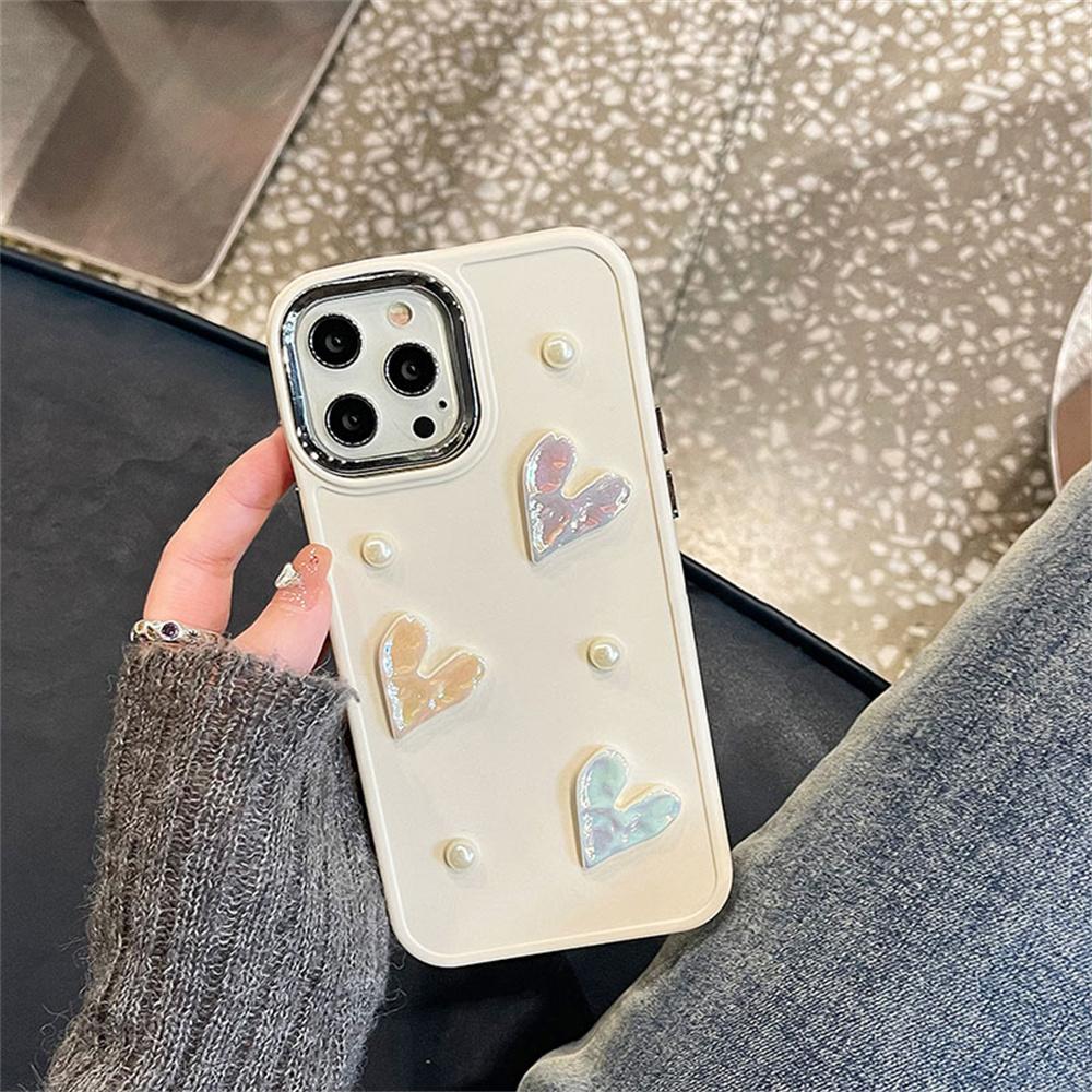 Japan Korean 3d Pearl Laser Love Heart Soft Phone Case For Iphone 14 12 11 13 Pro Max Xr X Xs Max Luxury Protective Back Cover