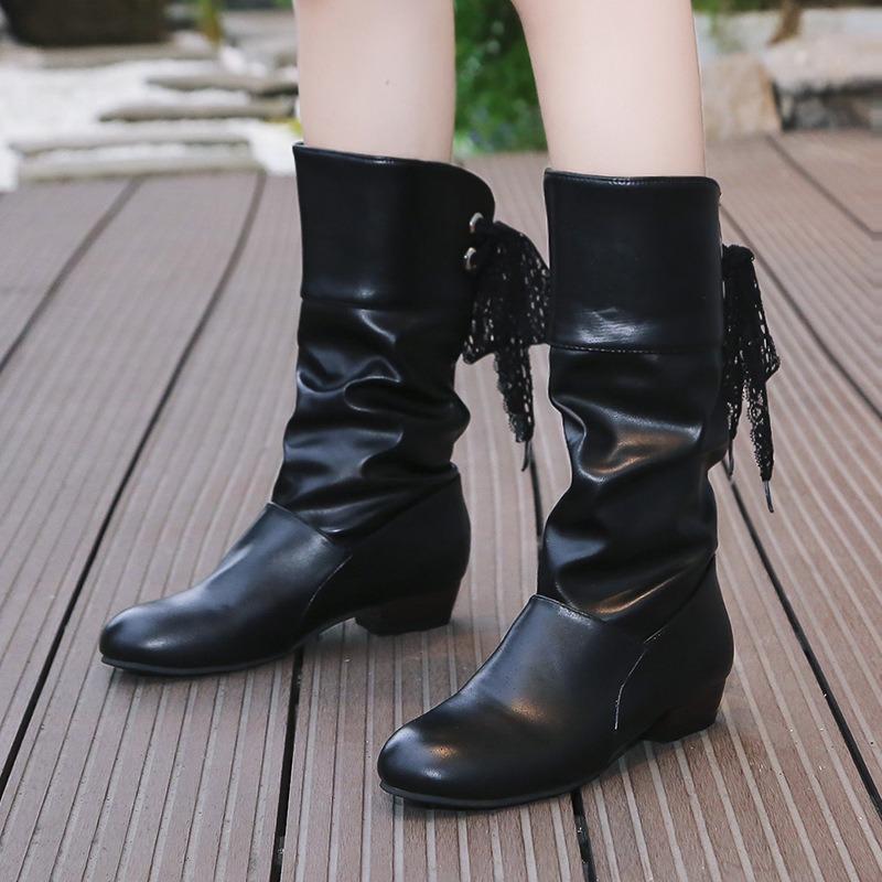 Fashion round head low heel thick heel leather boots women large size rear ribbon medium boots women