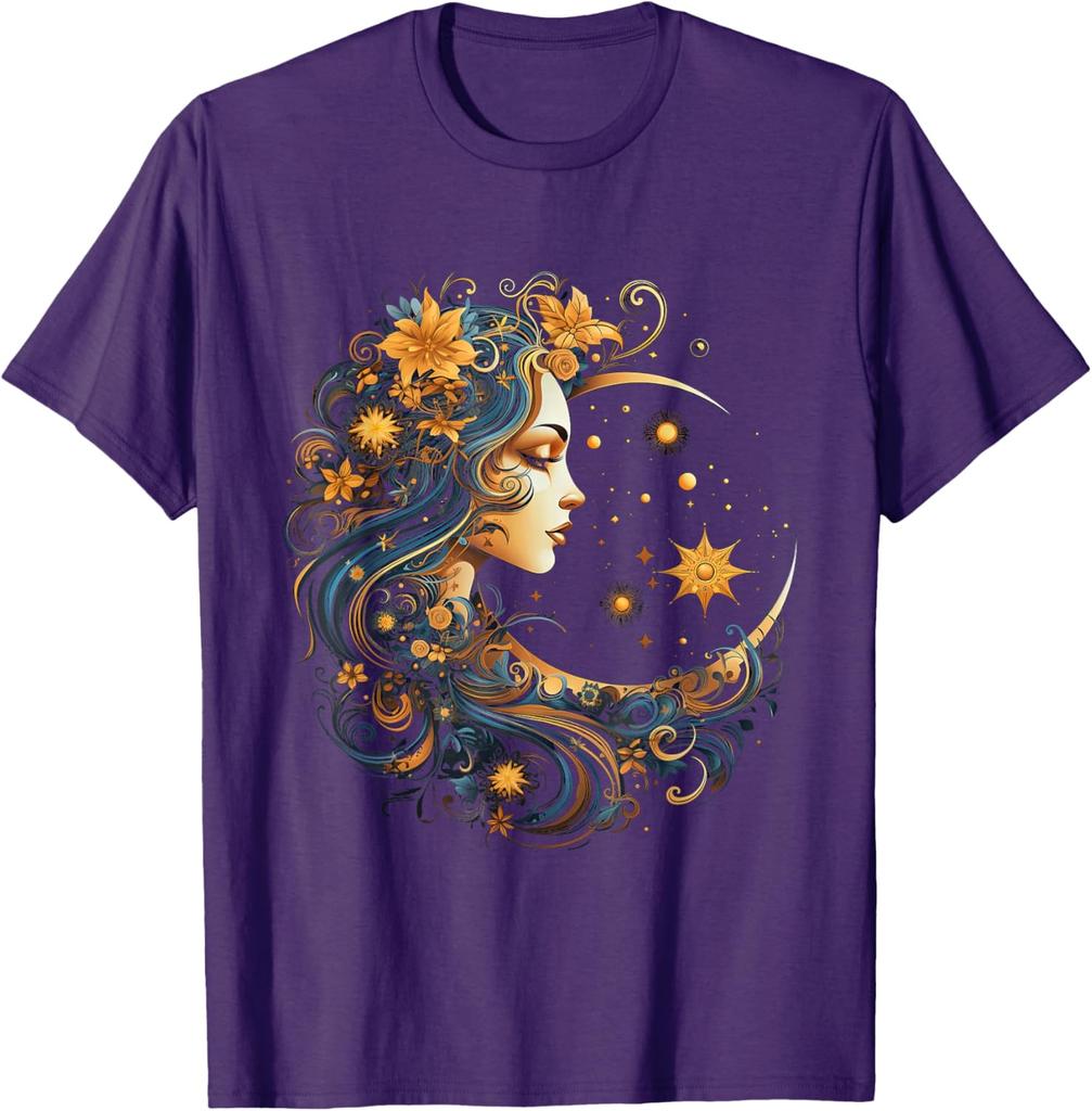 Mystic Celestial Woman Moon Flowers Graphic Print Cotton Crew Neck T-Shirt Unisex Casual Trip Wear