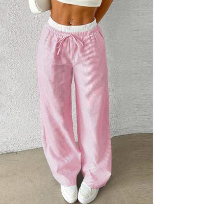 Yazlık Kadın Günlük Çizgili Kadın Geniş Paça Pantolonlar Günlük Şık Uzunlukta Pantolonlar Çizgili Ekose Renk Bloklu Bol Geniş Paça Pantolonlar Günlük Pantolonlar