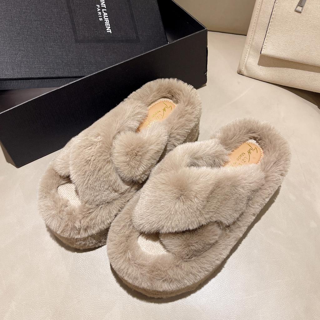 Fairy Wind Thick-soled Fluffy Slippers Female 2025 Autumn and Winter New Round Head High Heel One-letter Women's Cotton Slippers